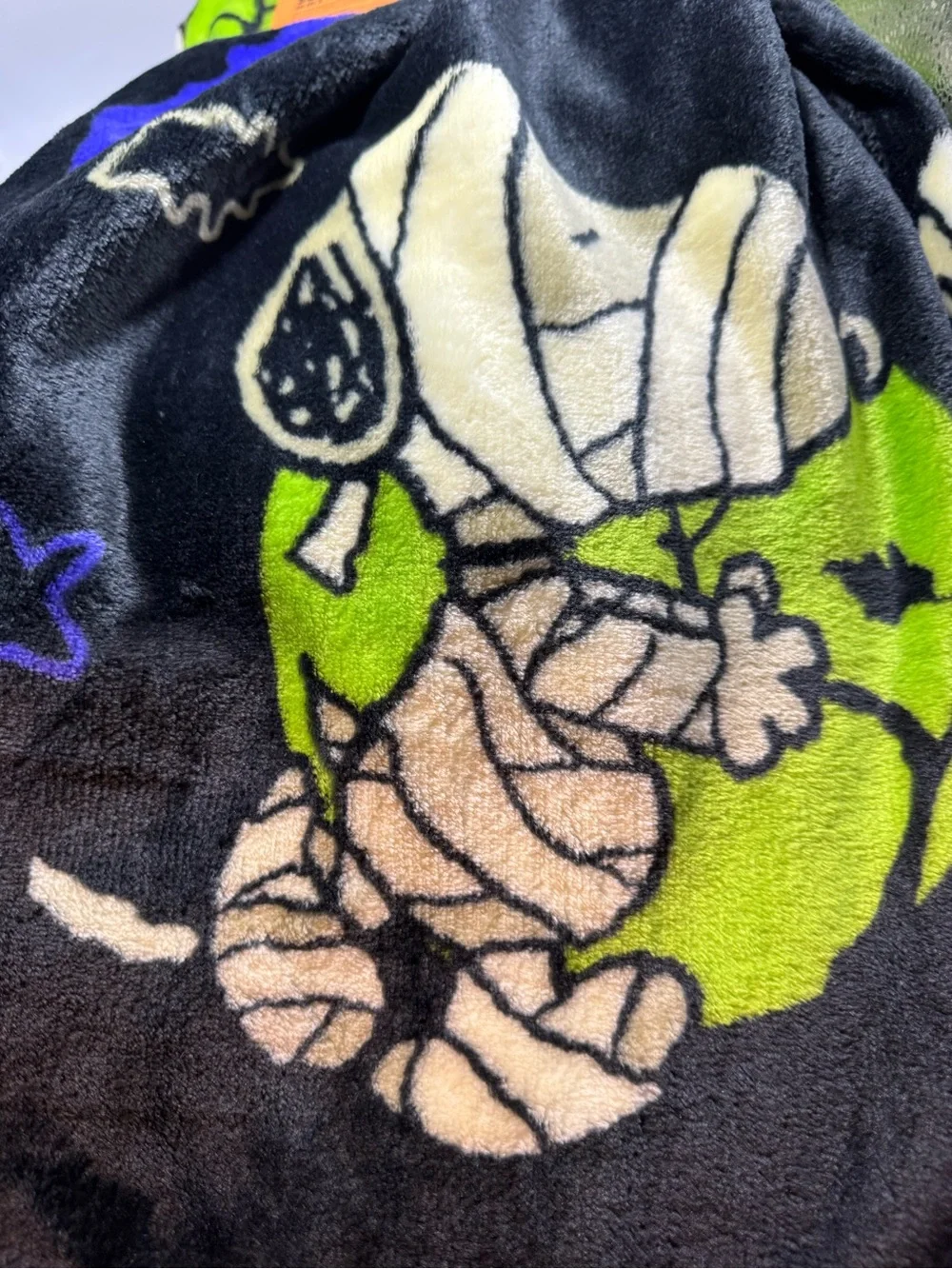 Peanuts Plush Throw Blanket in Black, Green & Purple - Mummy Snoopy Design